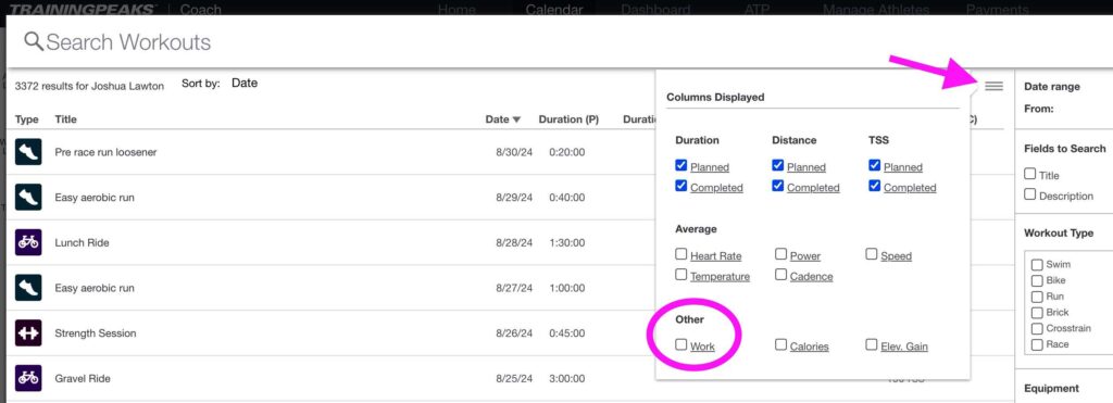 screenshot of Search Workouts by Work menu