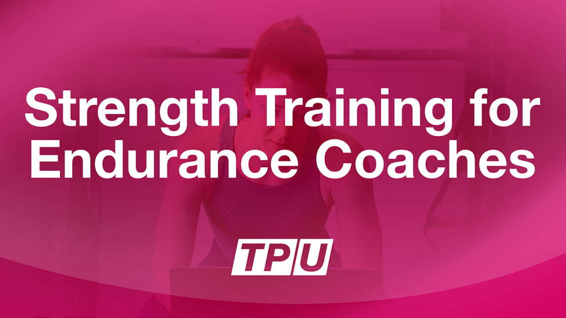 Strength Training For Endurance Coaches A Female Athlete Looks At Her Computer In The Gym. Overlaid On The Image Is A Red Color And The Words Strength Training For Endurance Coaches And The Trainingpeaks University Logo Are Seen.