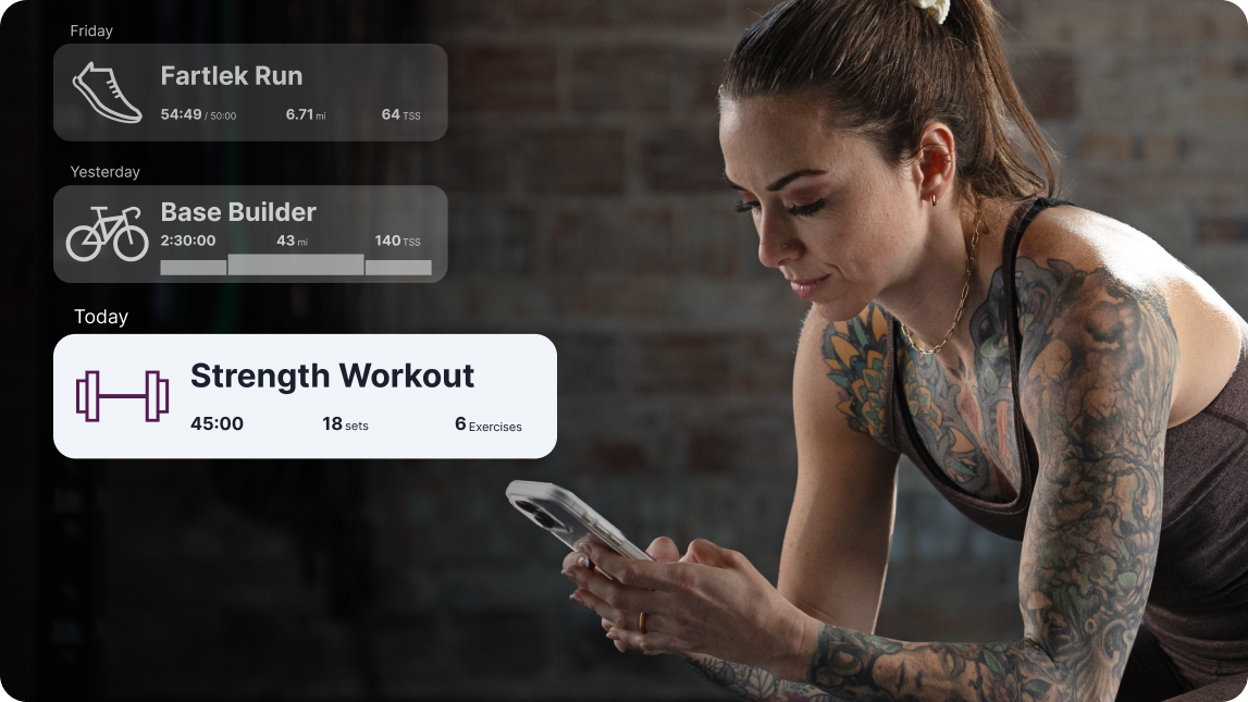 Steadfast Consistency A Female Athlete Looks At Her Phone In A Gym. Overlaid On The Graphic Are A Run, Bike And Strength Workout Elements From The Trainingpeaks Application