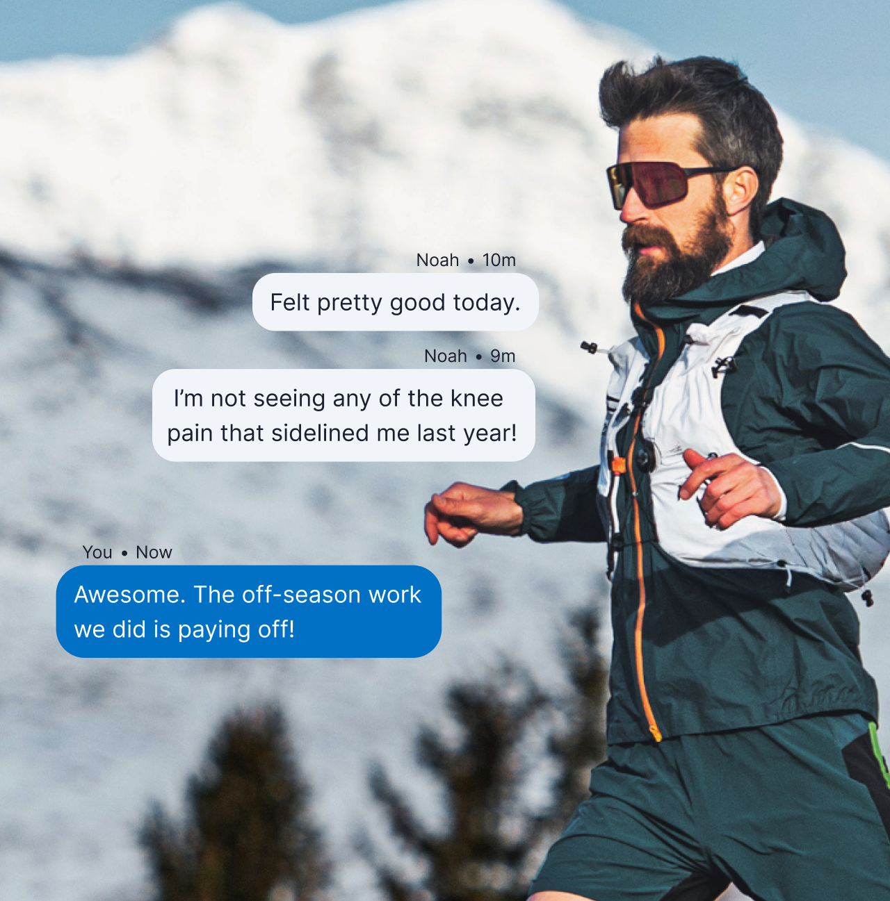 Retain Athletes For Year Round Coaching Athlete Runs On A Trail With Snowy Mountains In The Background. Overlaid On The Image Is A Graphic Of The Trainingpeaks App Showing The Athlete Communicating With His Coach.
